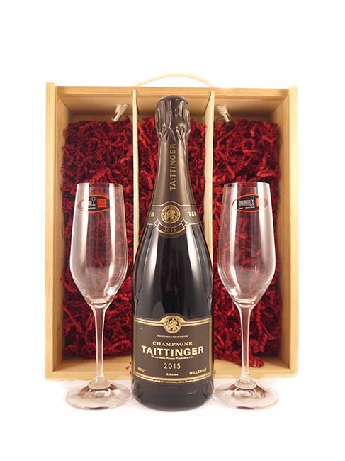 2015 Taittinger Brut Millsim Vintage Champagne 2015 with Two Riedel Crystal Champagne Flutes