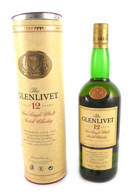 1980s - 1990's The Glenlivet 12 year old Malt Scotch Whisky Original Tube Packaging 1 litre
