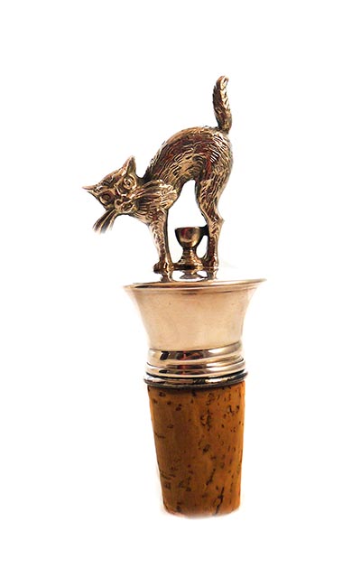 Silver Plated Cork Stopper/Pourer showing A Cat with a Wine Glass
