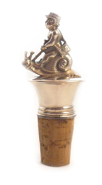 Silver Plated Cork Stopper/Pourer showing A Man Riding a Snail