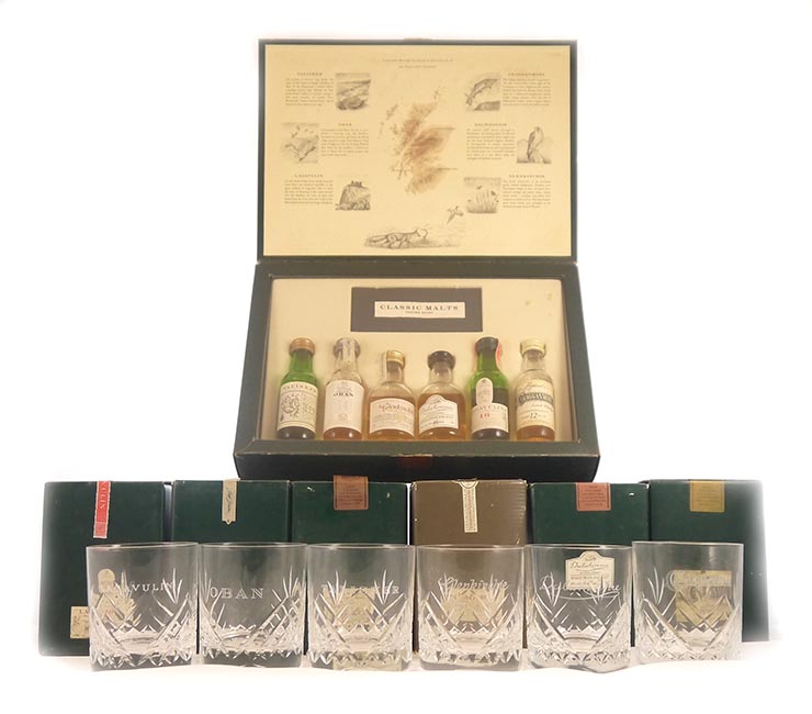 1990's Classic Malts Miniature Tasting Set and Whisky Tumblers