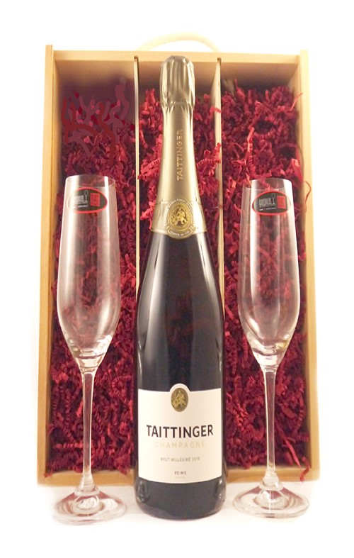 2018 Taittinger Brut Mill�sim� Vintage Champagne 2018 with Two Riedel Crystal Champagne Flutes