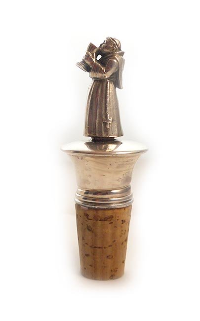 Silver Plated Cork Stopper/Pourer showing Monk Drinking From a Wine Goblet