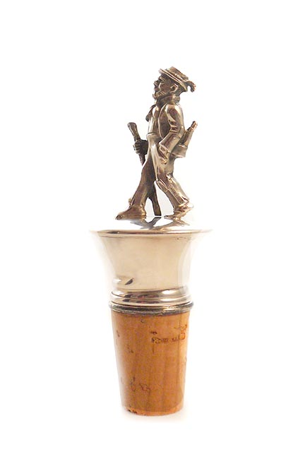 Silver Plated Cork Stopper/Pourer showing A Walking Man with a Wine Bottle