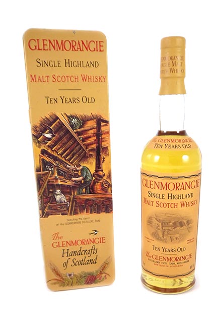 1980's Glenmorangie 10 year Old Single Malt Scotch Whisky in Handcrafts of Scotland Tin Presentation Tube