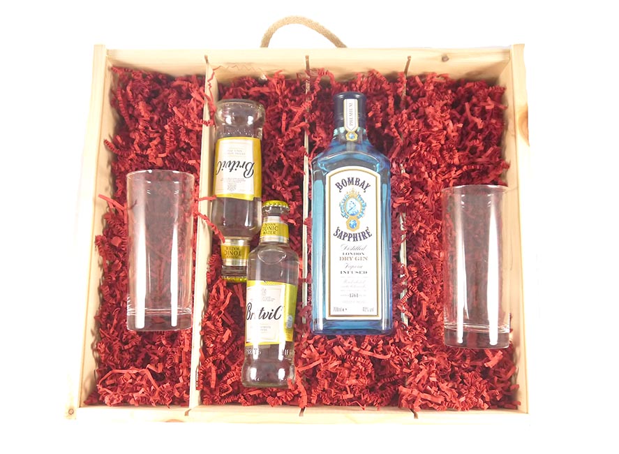 Bombay Sapphire Distilled Britvil Dry Gin with Hi Ball Glasses in Gift Box 70cls