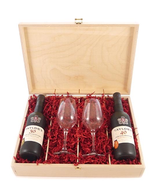 1955 Taylor Fladgate 70 years of Port (35cl) with two Taylors Port glasses.