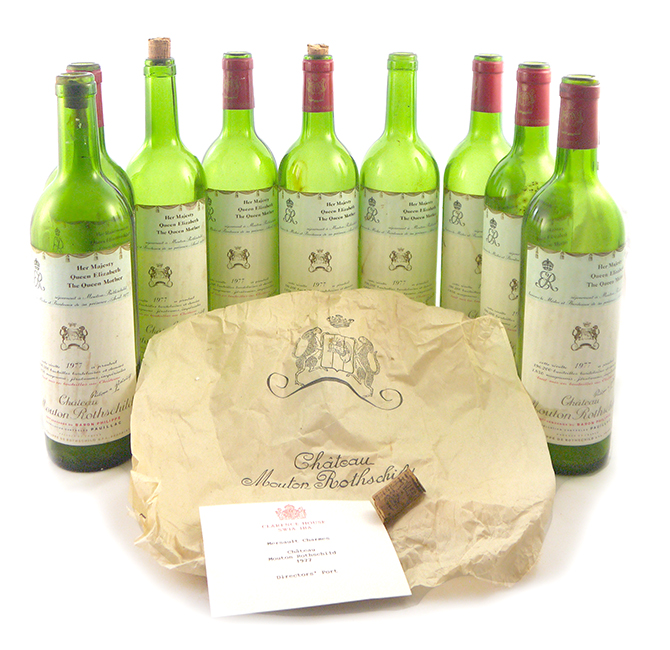 Eight empty bottles of 1977 Chateau Mouton Rothschild from a Banquet at Clarence House SW1A 1BA (Royal Interest)